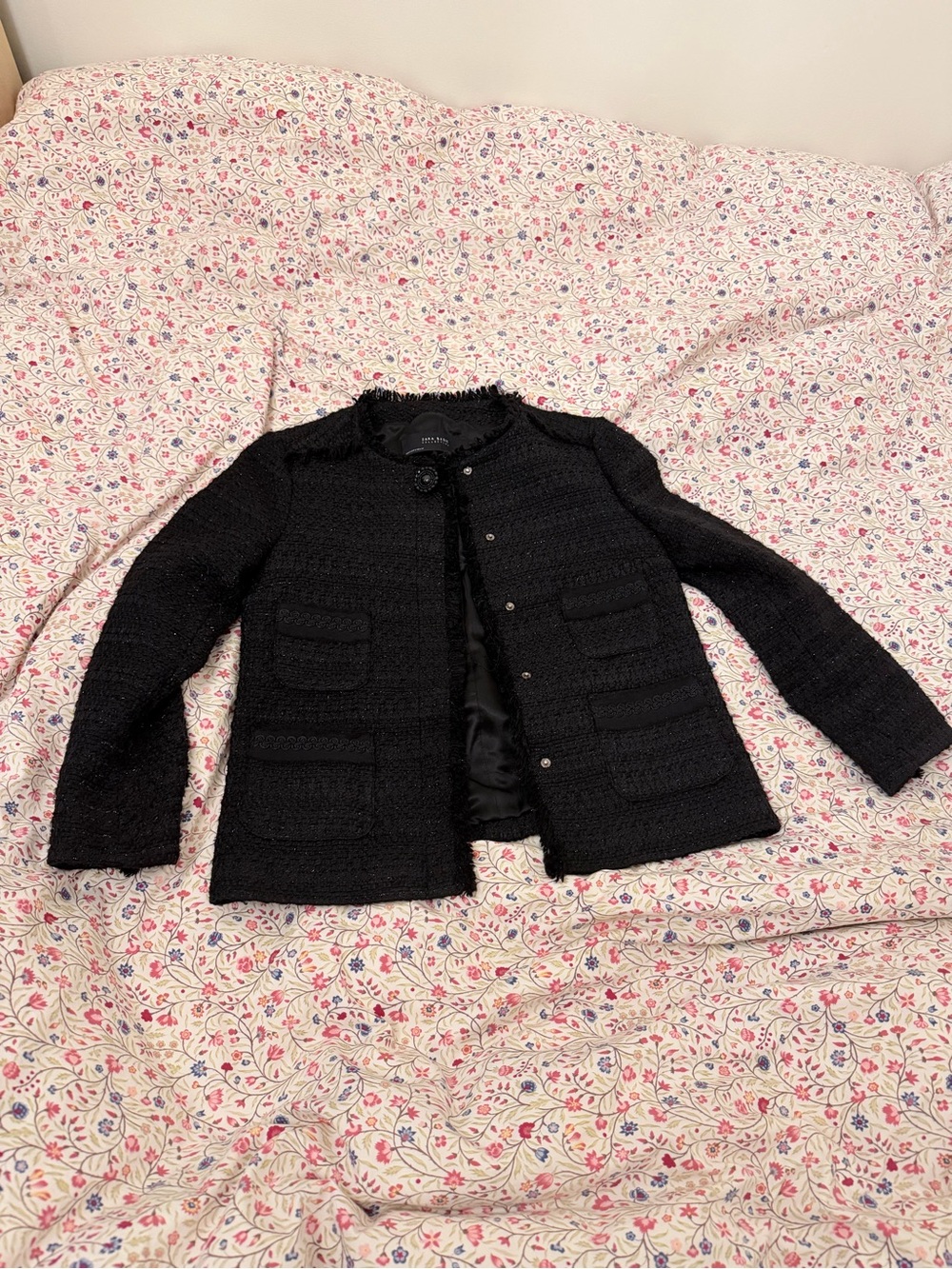 Zara Black Tweed Fringe-Trim Button Jacket
